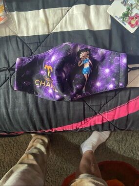 CHANEL Purple Galaxy Print Face Mask with Cartoon Motif